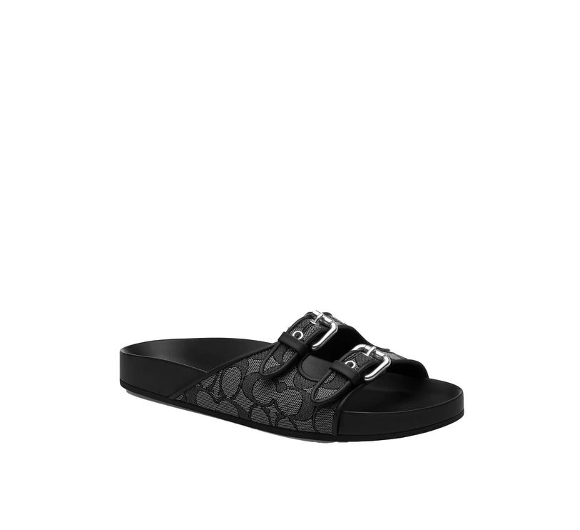 Coach Women's Two Band Buckle Sandal In Signature Jacquard Charcoal/Black