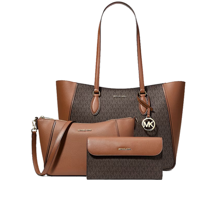 Michael Kors Women's Jet Set Travel Large Signature Logo 3-in-1 Tote Bag Brown/Gold