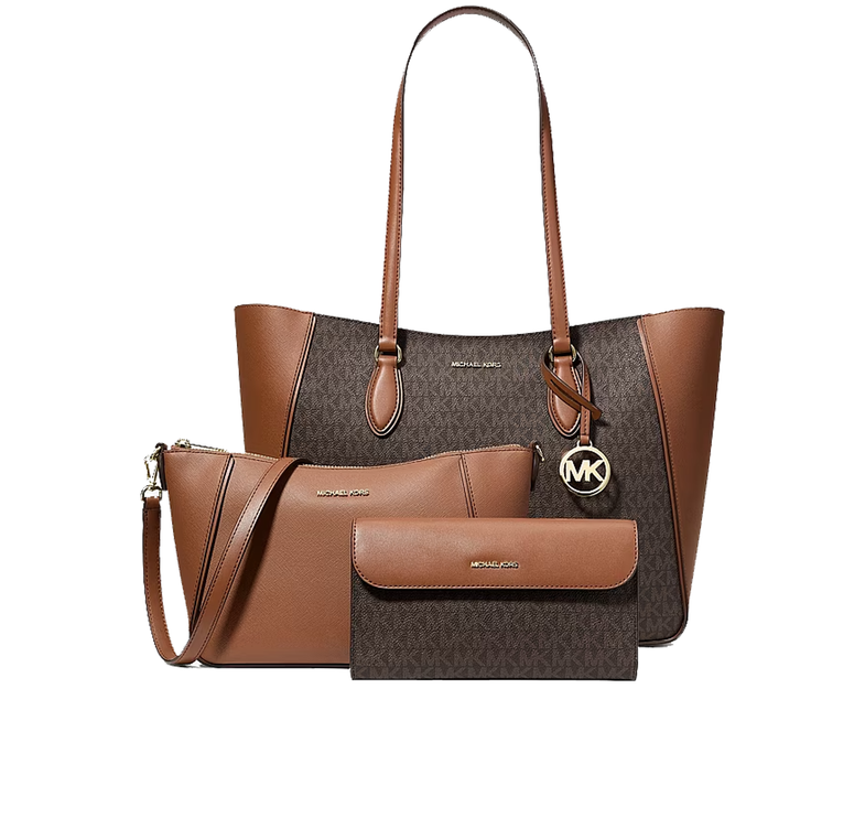 Michael Kors Women's Jet Set Travel Large Signature Logo 3-in-1 Tote Bag Brown/Gold