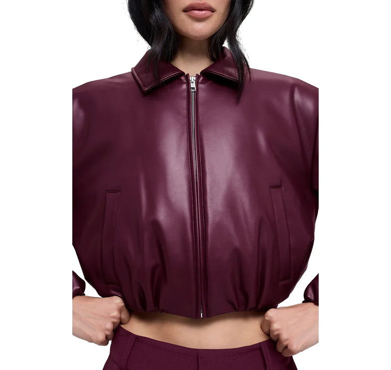 alo Women's Faux Leather Cropped Premier Bomber Burgundy