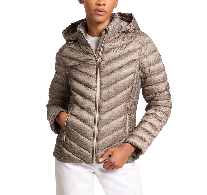 Michael Kors Women's Chevron Quilted Jacket Mushroom Logo