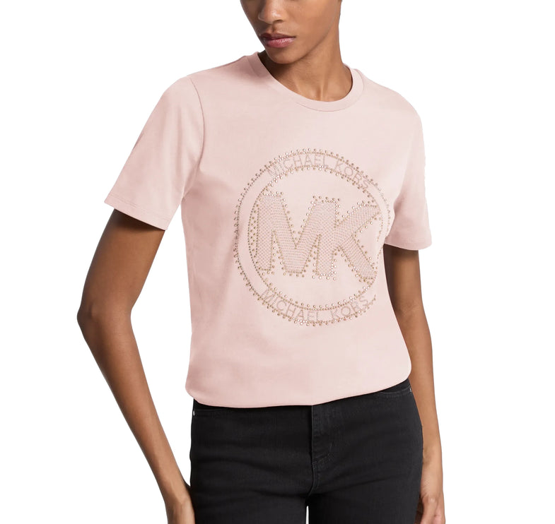 Michael Kors Women's Studded Logo Charm Organic Cotton Jersey T-Shirt Powder Blush