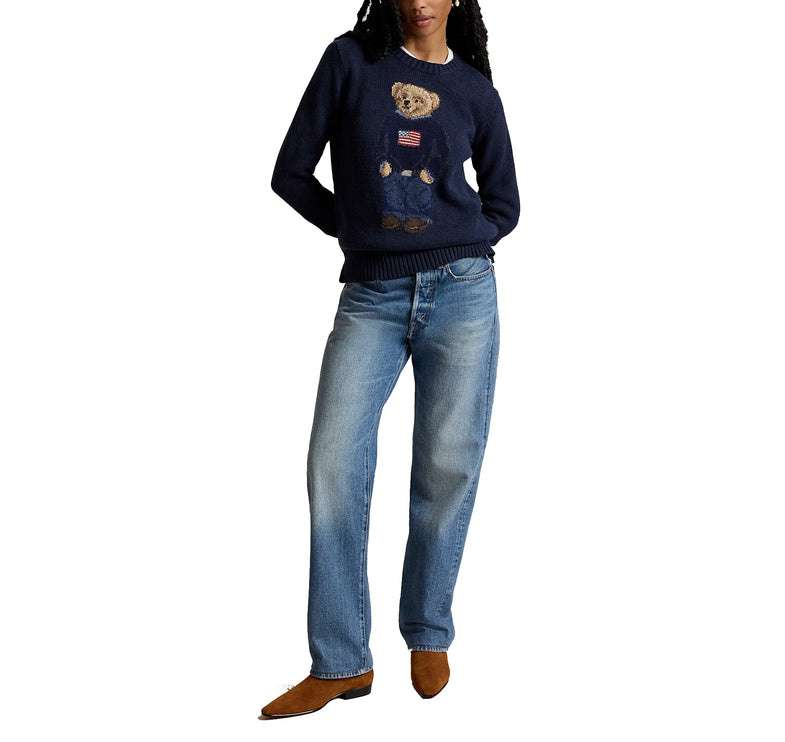 Polo Ralph Lauren Women's Polo Bear Linen-Cotton Crewneck Sweater Navy Multi
