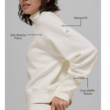 alo Women's Waffle Weekend Escape Mock Neck Long Sleeve Ivory