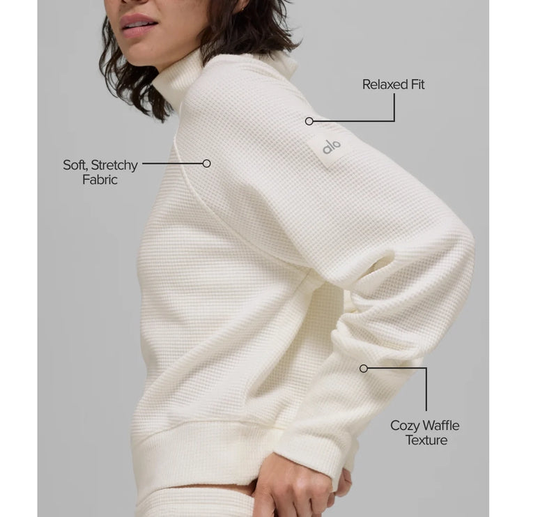 alo Women's Waffle Weekend Escape Mock Neck Long Sleeve Ivory