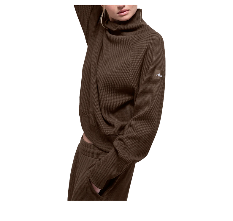 alo Women's Waffle Weekend Escape Mock Neck Long Sleeve Espresso