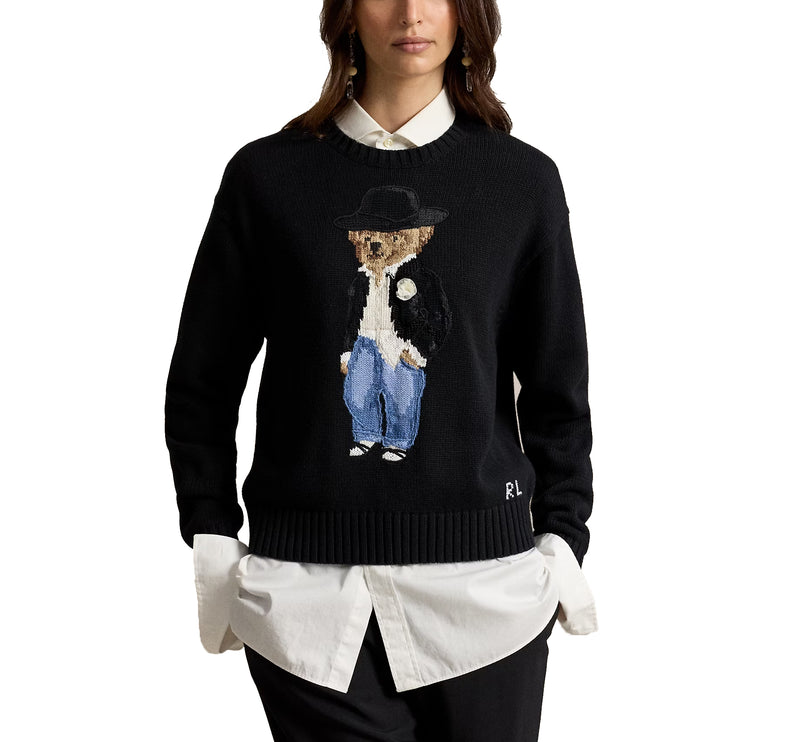 Polo Ralph Lauren Women's Holiday Polo Bear Cotton Crewneck Polo Black