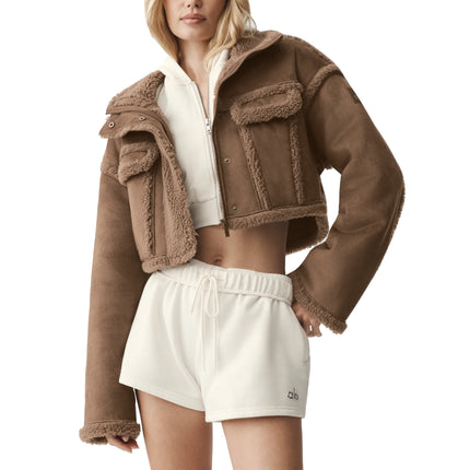 alo Women's Faux Shearling Snowfall Cropped Jacket Java Brown