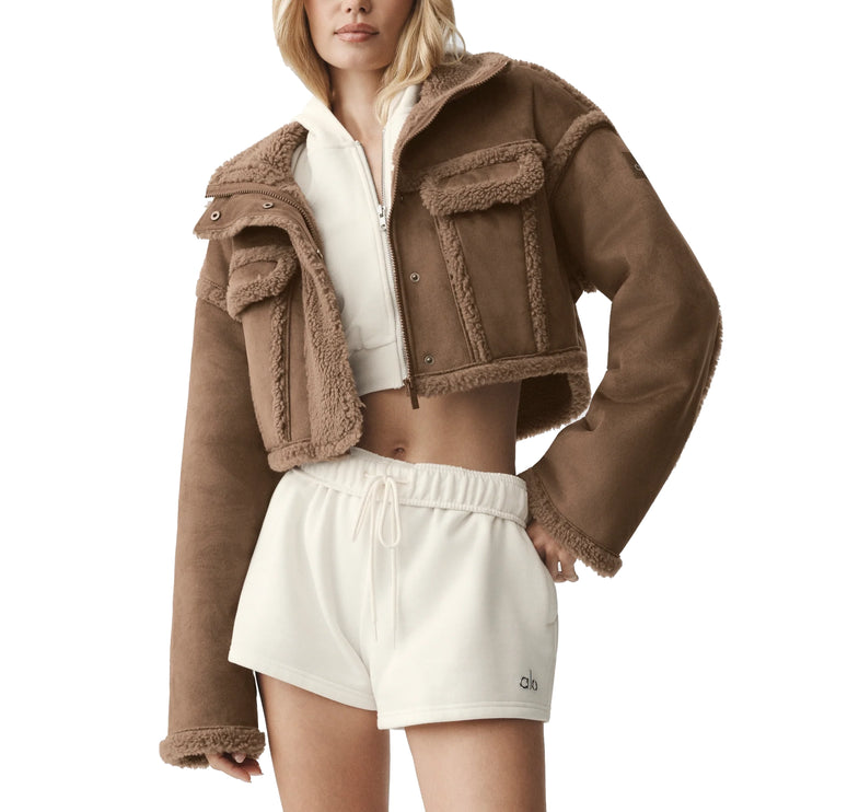 alo Women's Faux Shearling Snowfall Cropped Jacket Java Brown