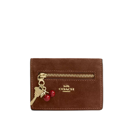Coach Women's Card Case With Charms Suede/Gold/Warm Brown