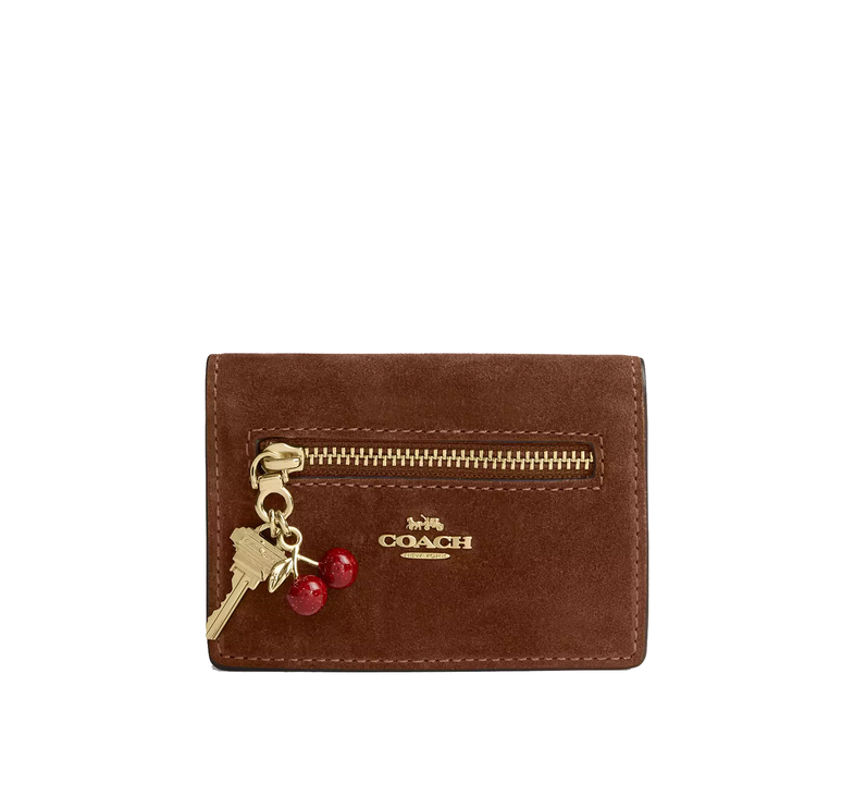 Coach Women's Card Case With Charms Suede/Gold/Warm Brown