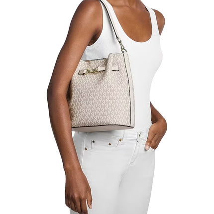 Michael Kors Women's Carson Medium Signature Logo Convertible Bucket Crossbody Bag Light Cream Multi