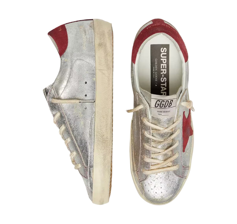 Golden Goose Women's Super-Star LTD in Metallic Silver Leather with Red Suede Star