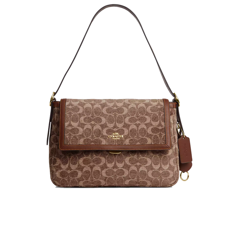Coach Women's Etta Flap Bag In Signature Chenille Gold/Light Khaki/Vintage Brown