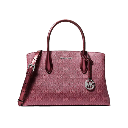 Michael Kors Women's Maya Medium Metallic Signature Logo Satchel Bag Maroon