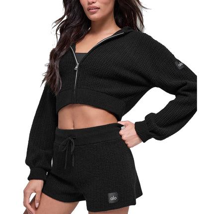 alo Women's Cashmere Plush Waffle Full Zip Hoodie Black