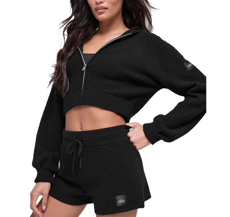 alo Women's Cashmere Plush Waffle Full Zip Hoodie Black