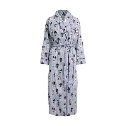 Polo Ralph Lauren Women's Striped Polo Bear Cotton Sateen Robe Snowfall Blue