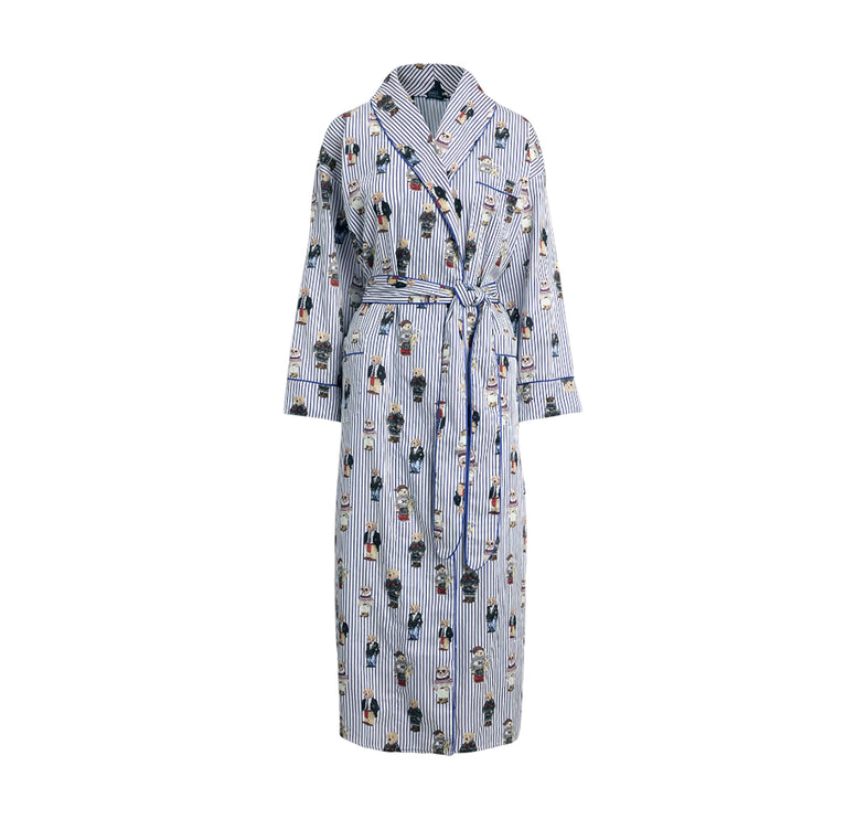 Polo Ralph Lauren Women's Striped Polo Bear Cotton Sateen Robe Snowfall Blue
