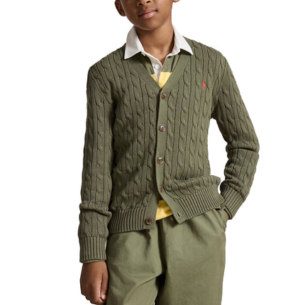 Polo Ralph Lauren Boy's Cable-Knit Cotton V-Neck Cardigan Cruise Olive