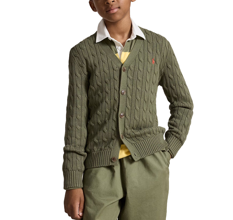 Polo Ralph Lauren Boy's Cable-Knit Cotton V-Neck Cardigan Cruise Olive