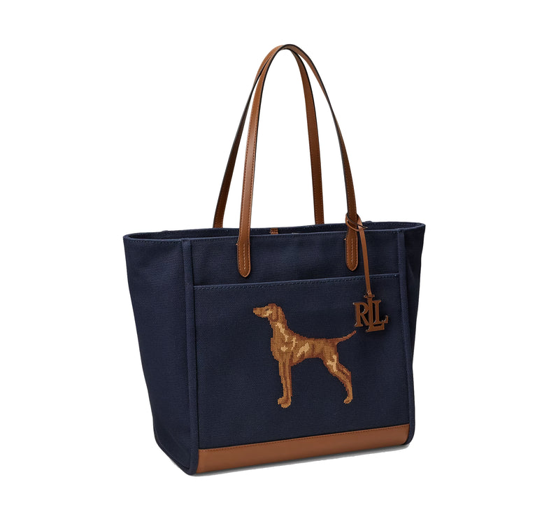 Polo Ralph Lauren Women's Dog-Embroidered Large Cameryn Tote Bag Lauren Navy/Lauren Tan