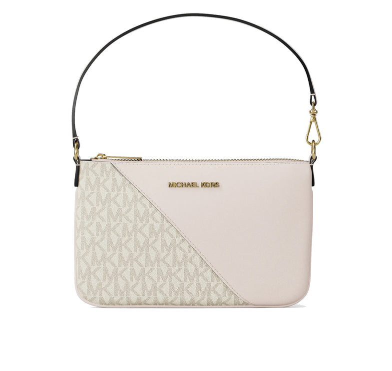 Michael Kors Women's Jet Set Travel Small Signature Logo and Smooth Wristlet Light Cream Multi