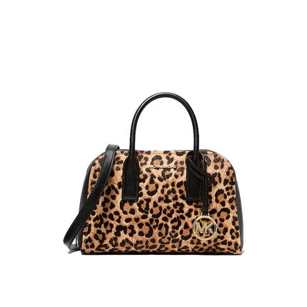 Michael Kors Women's Ashton Small Leopard Print Calf Hair Messenger Bag Camel Multi