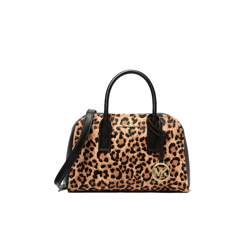 Michael Kors Women's Ashton Small Leopard Print Calf Hair Messenger Bag Camel Multi