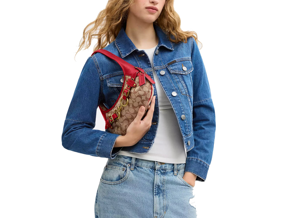 Coach Women's Belted Ergo Shoulder Bag 26 In Signature Jacquard Brass/Poppy Signature
