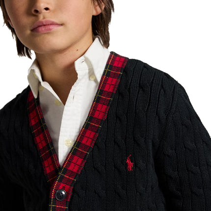 Polo Ralph Lauren Boy's Plaid-Trim Cable Cotton Cardigan Polo Black Multi