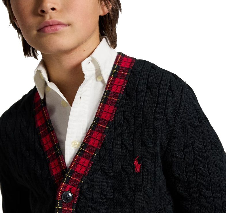 Polo Ralph Lauren Boy's Plaid-Trim Cable Cotton Cardigan Polo Black Multi