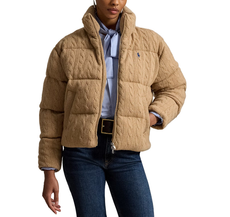 Polo Ralph Lauren Women's Cable Wool-Cashmere Puffer Jacket Collection Camel Melange