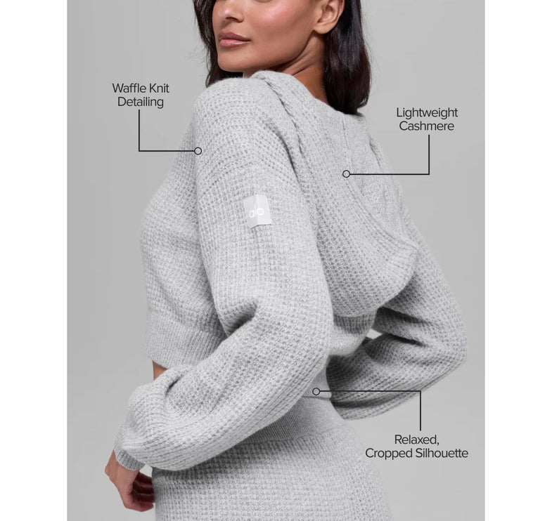 alo Women's Cashmere Plush Waffle Full Zip Hoodie Athletic Heather Grey