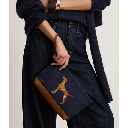 Polo Ralph Lauren Women's Dog-Embroidered Canvas Large Pouch Lauren Navy/Lauren Tan