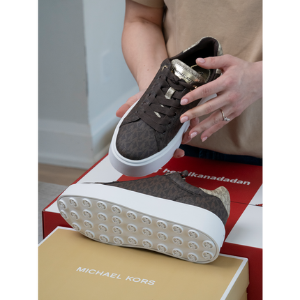 Michael Kors Women's Romey Metallic Two Tone Signature Logo Platform Sneaker Brown