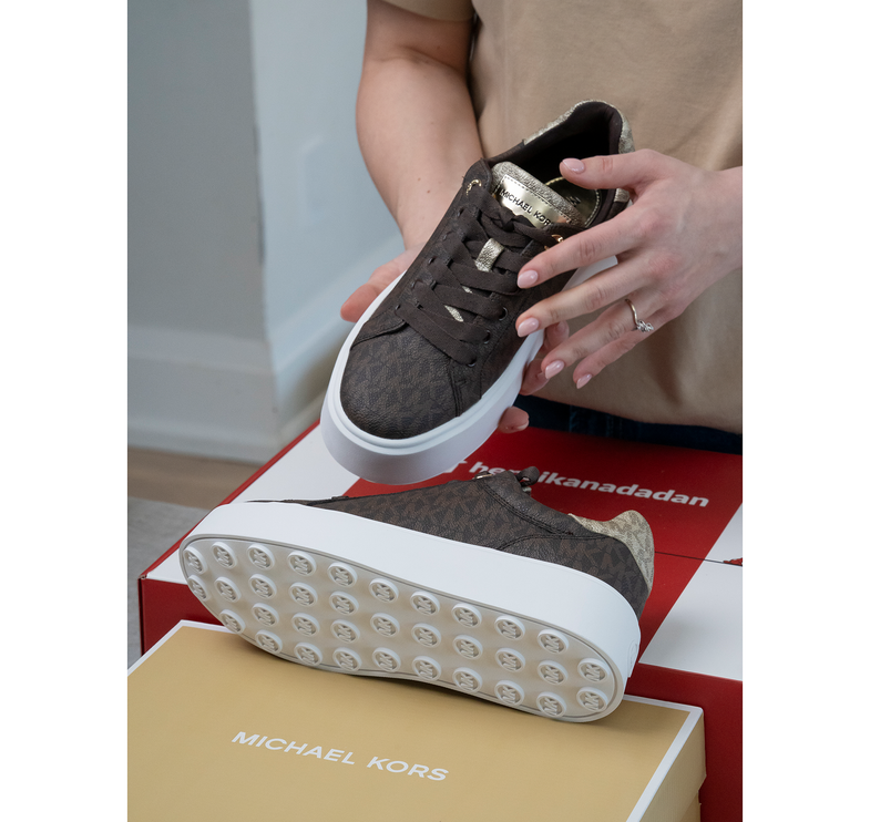 Michael Kors Women's Romey Metallic Two Tone Signature Logo Platform Sneaker Brown