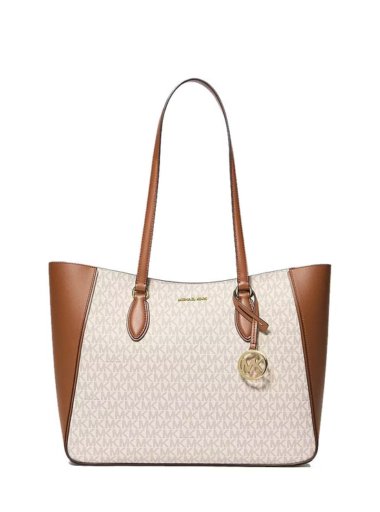 Michael Kors Women's Jet Set Travel Large Signature Logo 3-in-1 Tote Bag Vanilla/Gold
