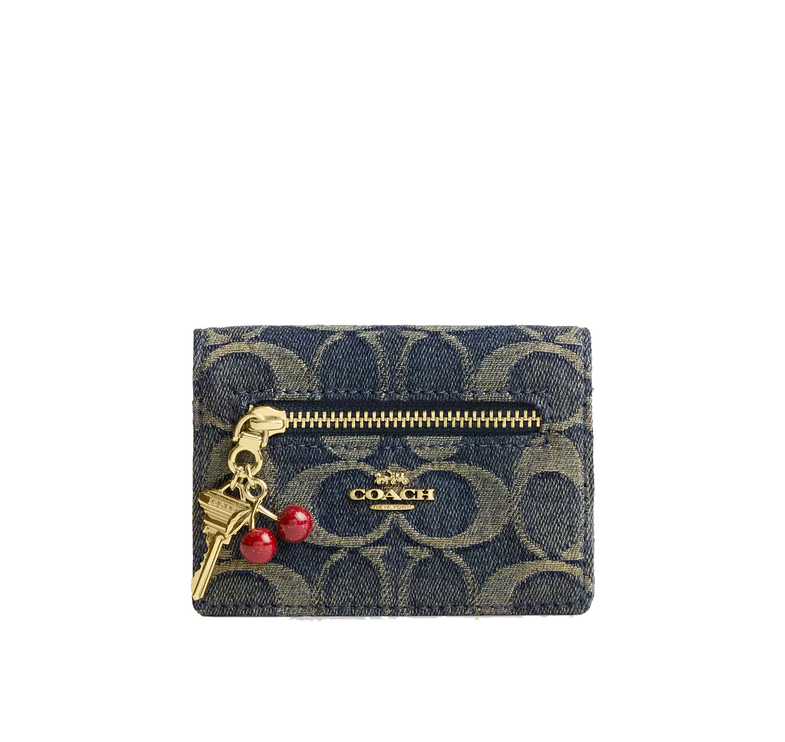 Coach Women's Card Case With Charms In Signature Regenerative Cotton Denim Gold/Denim