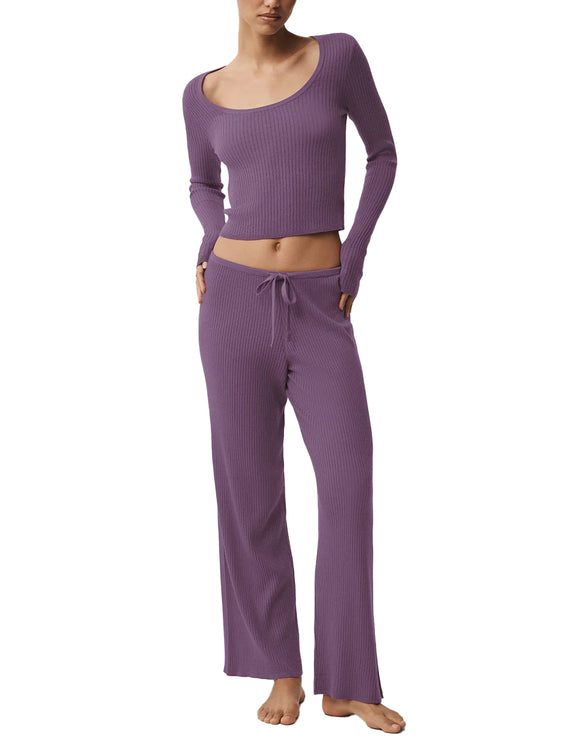 alo Women's Sweater Knit Mid-Rise Unwind Wide Leg Pant Plum Kiss