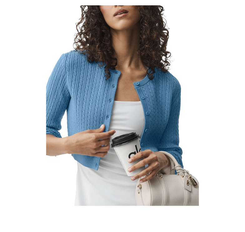 alo Women's Mini Cable Sweater Cardigan California Blue