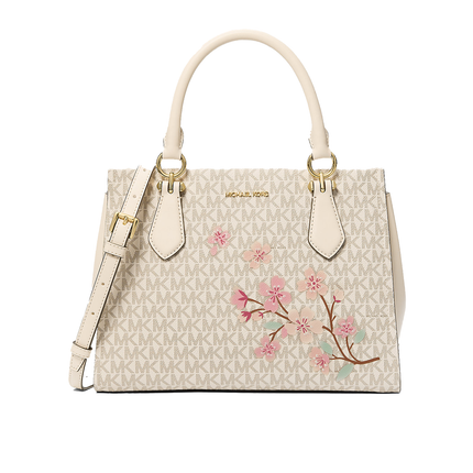 Michael Kors Women's Marilyn Medium Embellished Signature Logo Satchel Bag Light Cream Multi/Gold