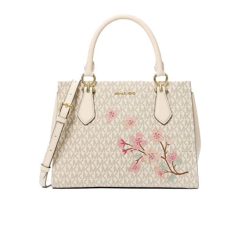 Michael Kors Women's Marilyn Medium Embellished Signature Logo Satchel Bag Light Cream Multi/Gold