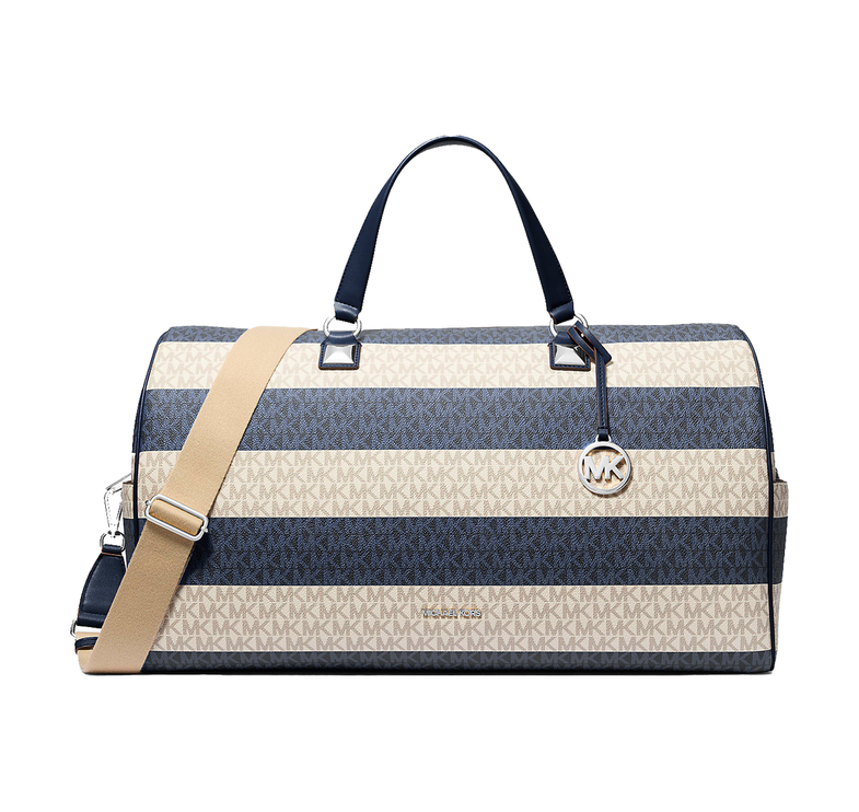 Michael Kors Women's Grayson Extra-Large Striped Signature Logo Weekender Bag Navy/Silver