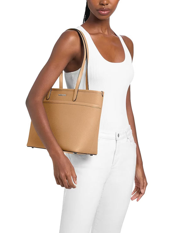 Michael Kors Women's Marlowe Medium Pebbled Leather Pocket Tote Bag Peanut/Silver