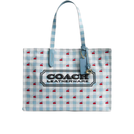Coach Women's Tote Bag With Gingham Print Gold/Blue Multi