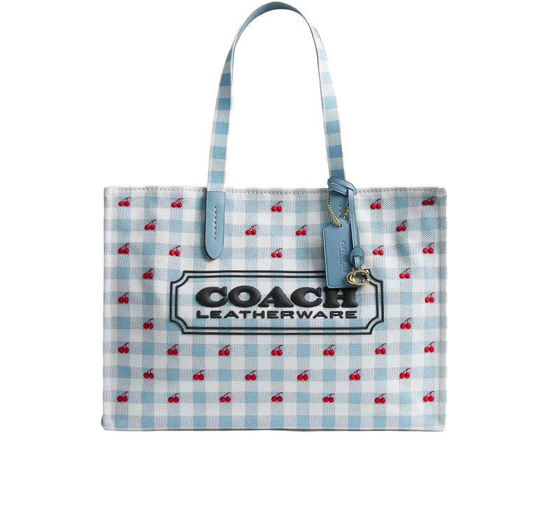 Coach Women's Tote Bag With Gingham Print Gold/Blue Multi
