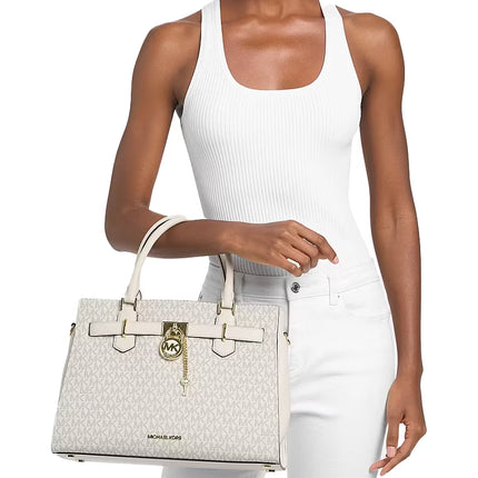Michael Kors Women's Landon Medium Logo Satchel Bag Light Cream Multi/Gold