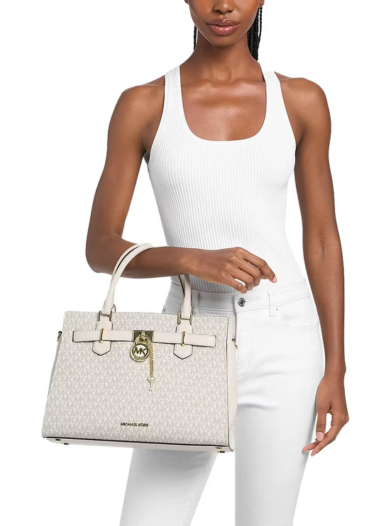 Michael Kors Women's Landon Medium Logo Satchel Bag Light Cream Multi/Gold