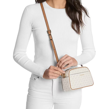 Michael Kors Women's Jet Set Small Signature Logo Camera Crossbody Bag Vanilla/Acorn
